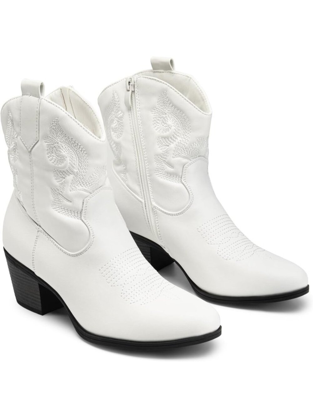 Women's White Faux Leather Embroidered Round Toe Low Chunky Heel Ankle Booties - Picture 5 of 6